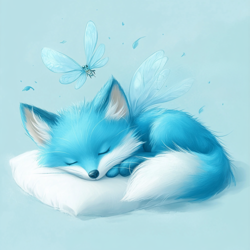 A blue fox sleeping on cloud with wings
