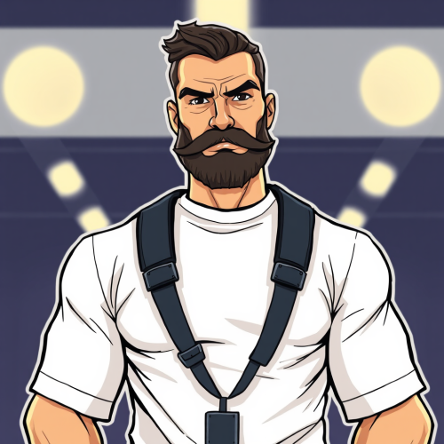 A bodyguard with beard and mustache stands proudly.