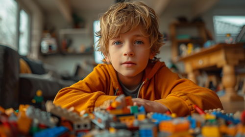 A boy building a Lego space station