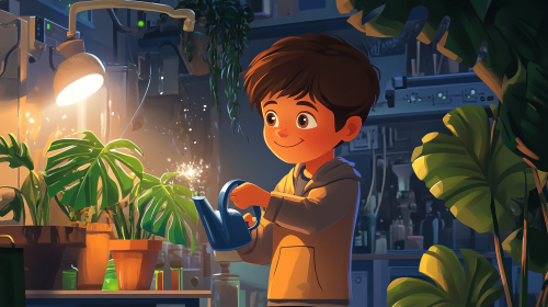 A boy named Awess waters lab plants calmly.