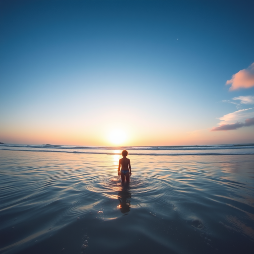 A boy wearing swim trunks at the beach. A boy wearing swim trunks at the beach.