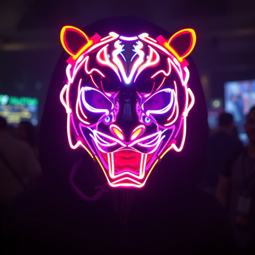 A boy with lion mask and LED light.