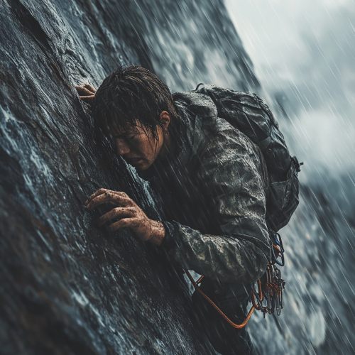 A brave climber conquers a stormy cliff