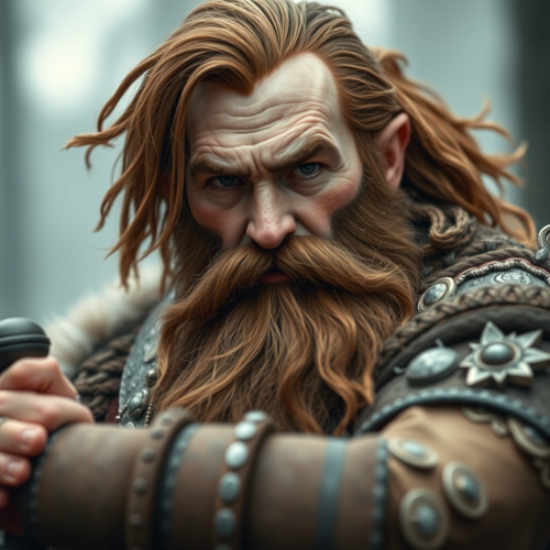 A brave dwarf fighter with brown beard.