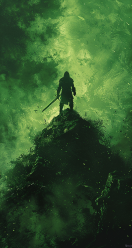 A brave knight with sword on hill