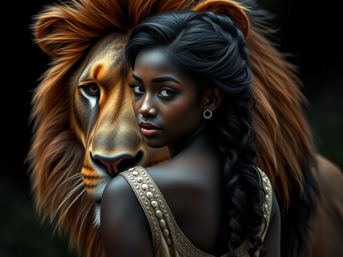 A brave princess stands before a lion.