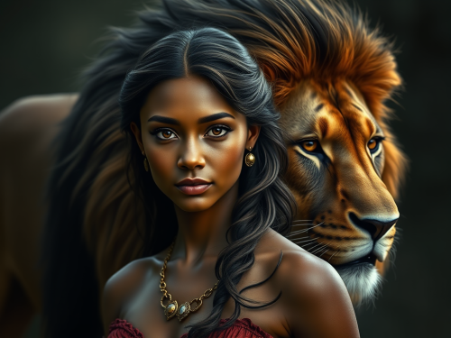 A brave princess with lion companion.