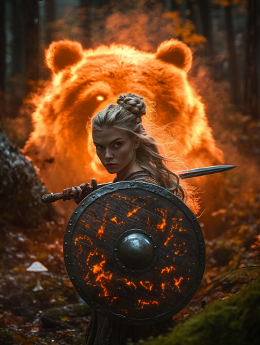A brave viking girl fights a glowing bear