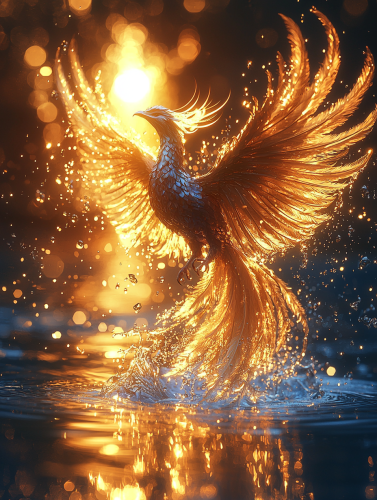 A breathtaking blue phoenix emerging from crystal water