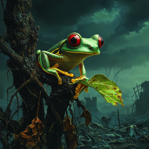 A bright green frog sits on a leaf.