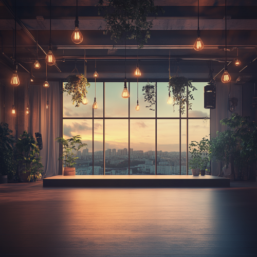 A bright performance room with stage and plants.