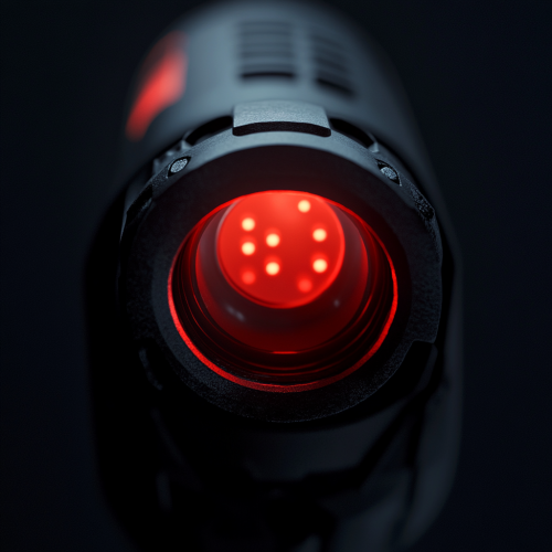 A bright red hiking headlamp shines directly