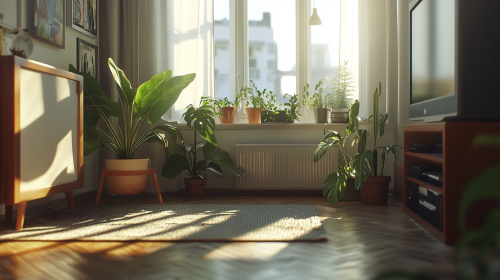 A bright room with plants in a modern apartment.
