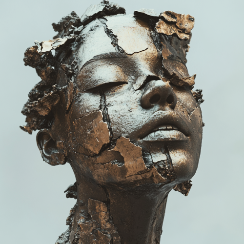 A bronze sculpture of a glitched punk woman