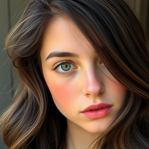 A brown-haired girl with green eyes and golden skin