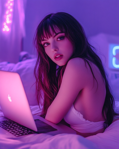 Brunette Woman Watching Laptop in Bedroom at Night