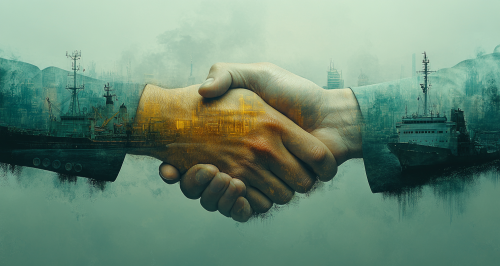 A business person shaking hands with transportation elements