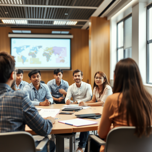 A businessman from Asia teaches university students.