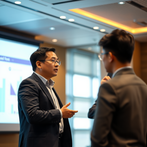 A businessman teaching students in university seminar.