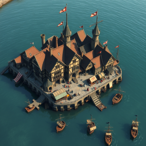 A busy medieval port town by the bay.