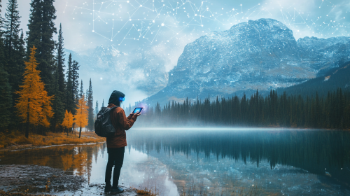 A camper using AR to explore nature