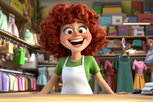 A cartoon character at her happy clothes store
