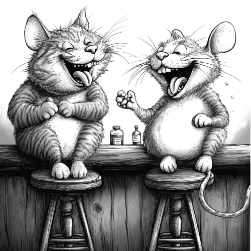 A cat and mouse laugh at a bar