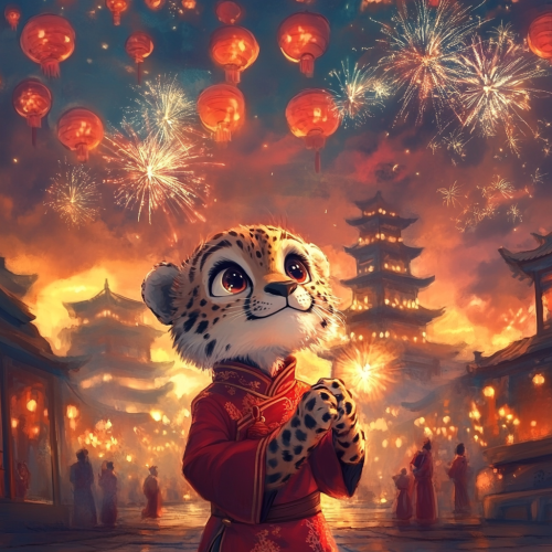 A cheetah plays with fireworks on Chinese New Year