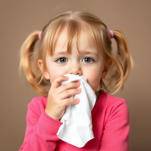 A child sneezing into a tissue.
