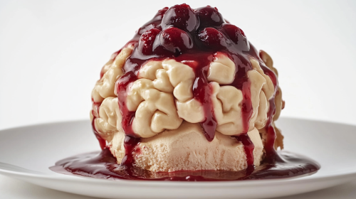 A close up of brain cake with cherry sauce