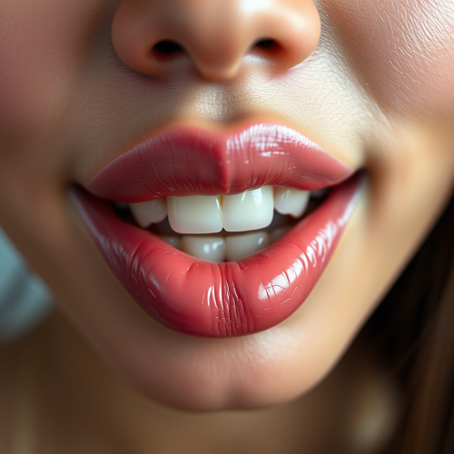 A close-up of glossy pink lips.