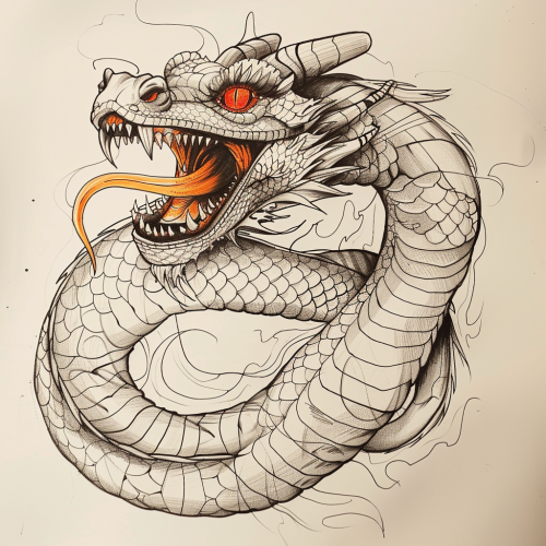A coiled sepia dragon with red eyes and tongue