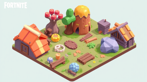 A colorful, cute, isometric game with Fortnite style.