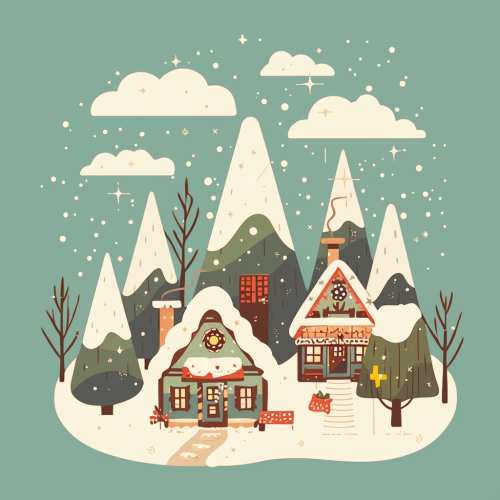A colorful Christmas village with thick outlines