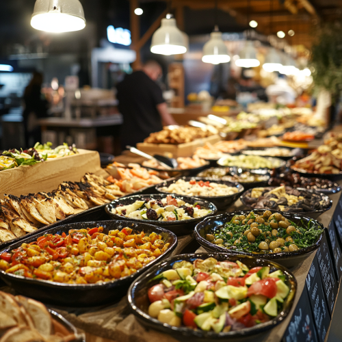 A colorful Mediterranean food fair with diverse dishes