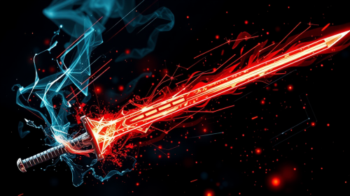 A colorful abstract trail of sword slashes.
