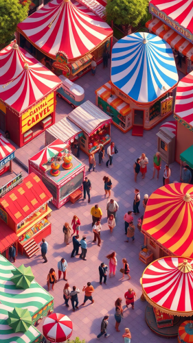 A colorful carnival with shops and people.