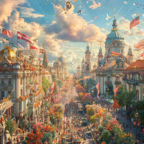 A colorful city with people, cars, and flowers