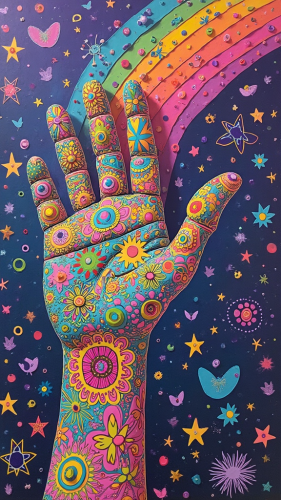 A colorful collage of simplified figures in a park.