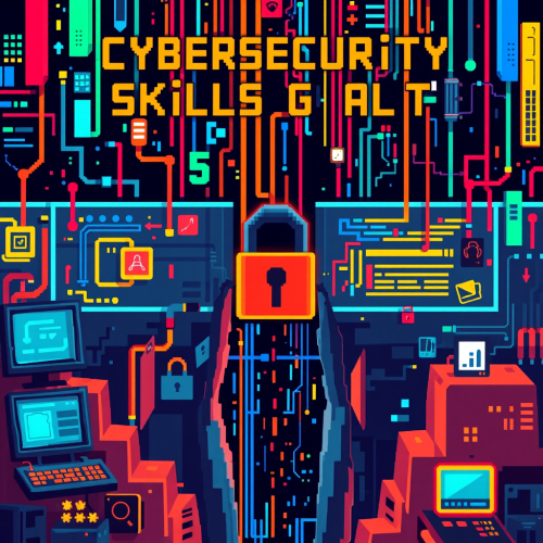 A colorful game-style illustration showing cybersecurity skills gap.