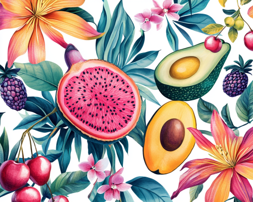 A colorful illustration of exotic fruits and flowers
