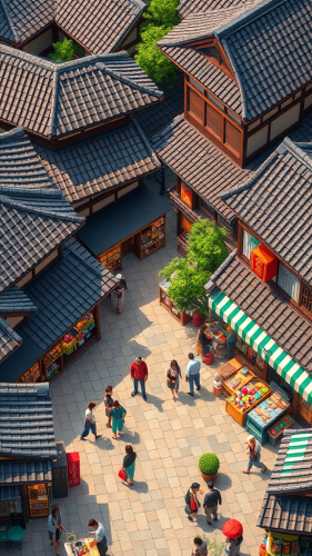 A colorful old Japanese market with lots of shops.