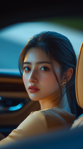 Japanese woman in luxury car interior