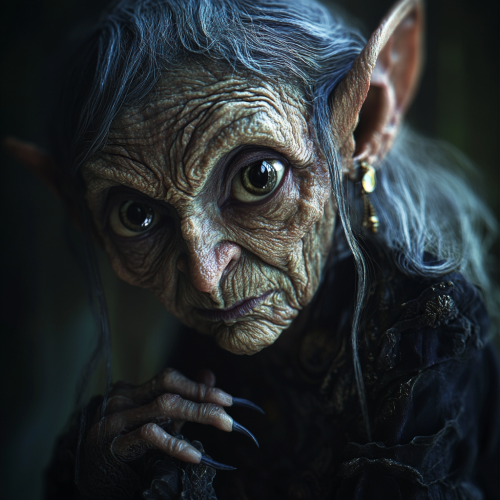 A confident elderly dark fairy in Victorian attire