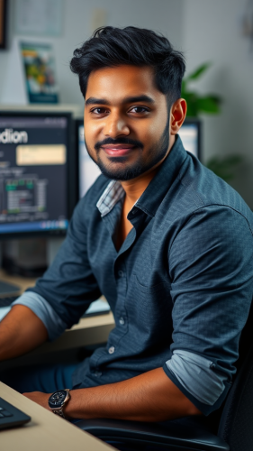 A confident man with computer, looking at camera.