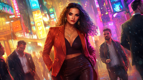 A confident woman in colorful city scene