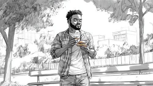 A cool guy eating chicken burger in park.