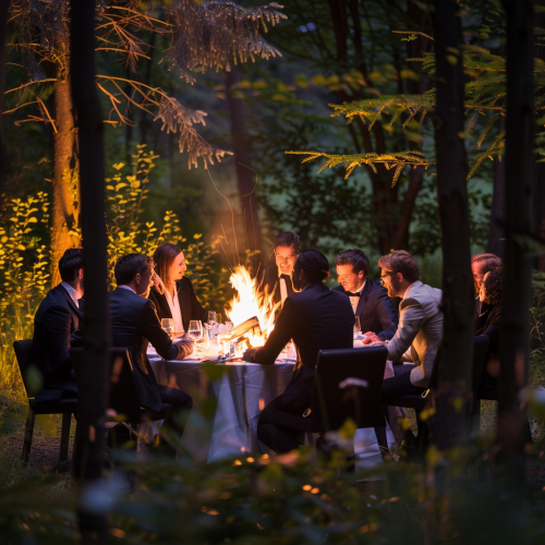 A corporate team around cozy forest bonfire