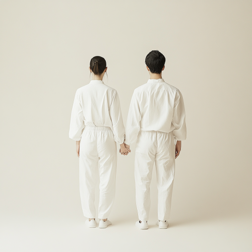 A couple holding hands in all-white attire