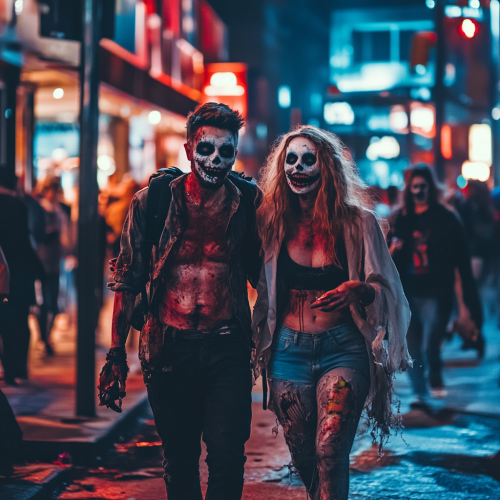 A couple in Halloween costumes walking drunkenly street